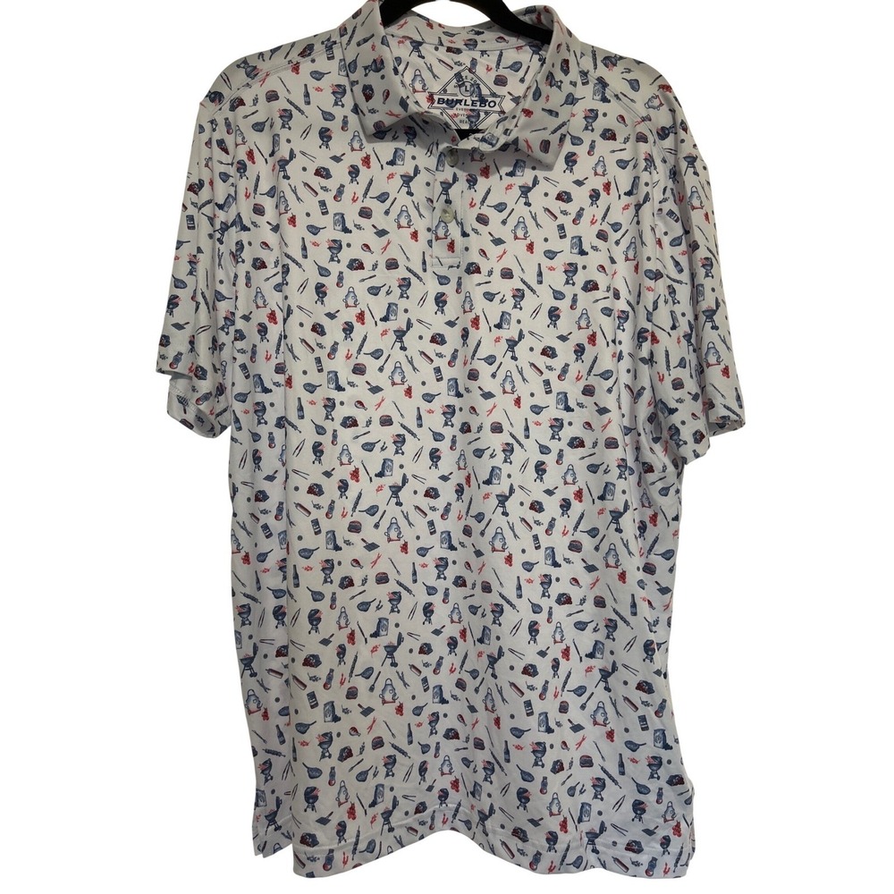 Burlebo Mens Performance Polo Shirt Large White BBQ Grill Print UPF 50 NWT - Picture 2 of 12